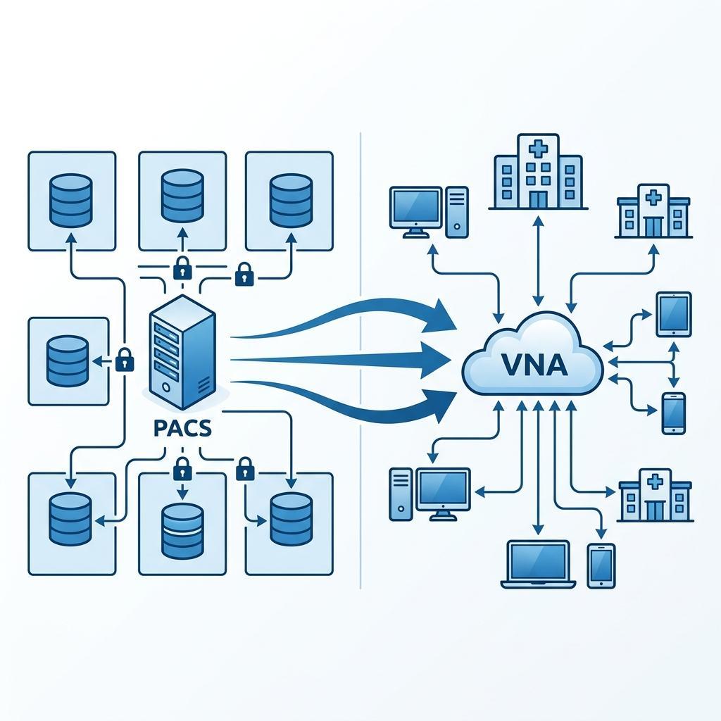 Migration from legacy PACS system to cloud VNA showing centralized imaging data and connected healthcare systems - PostDICOM